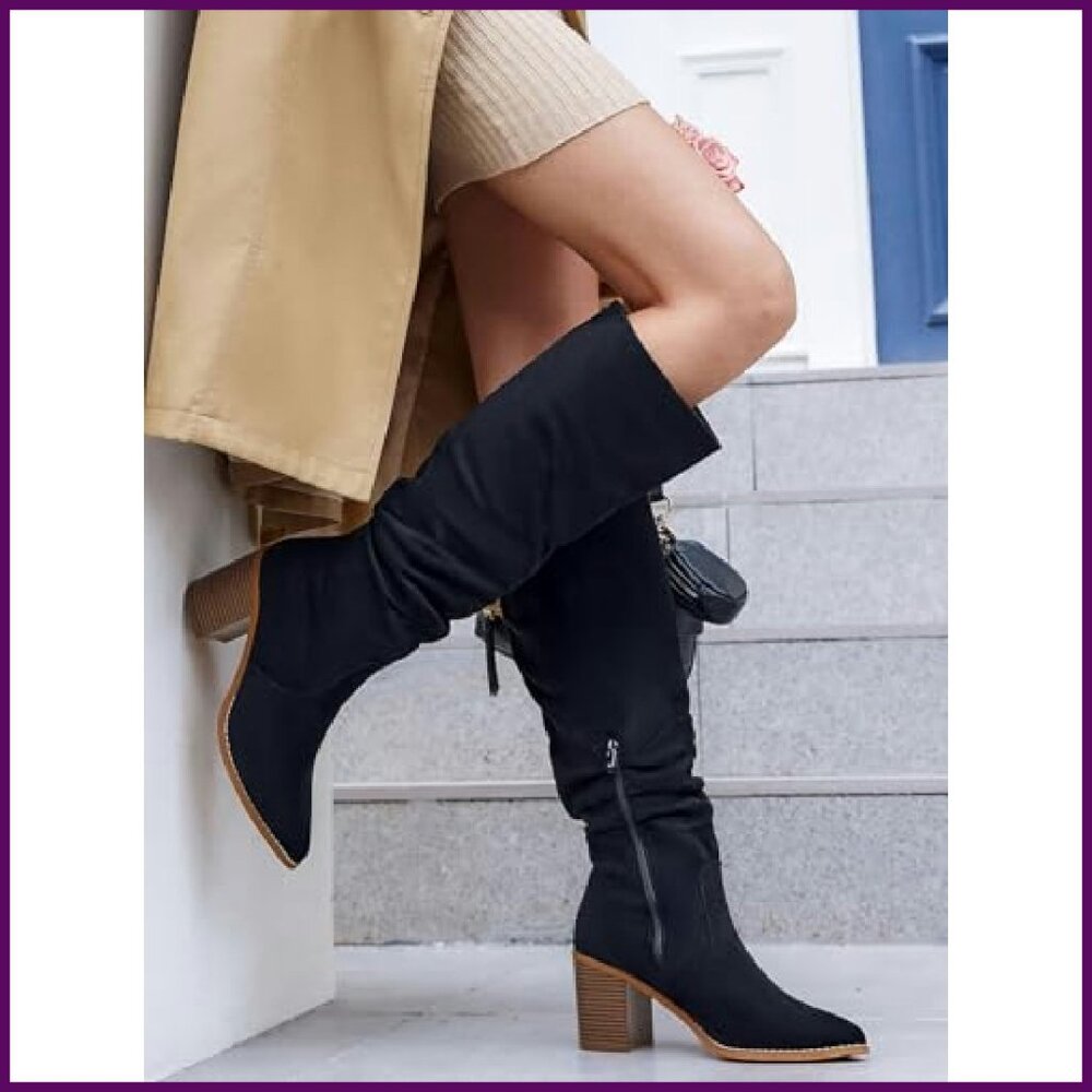 Women's Pointed Toe Knee High Boots Chunky Heel Side Zipper Faux Suede - Picture 4 of 8